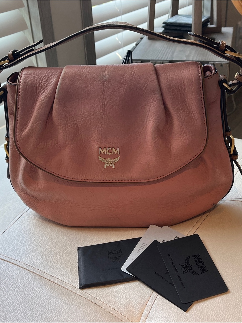 MCM Rose Leather Shoulder Bag with Gold Hardware